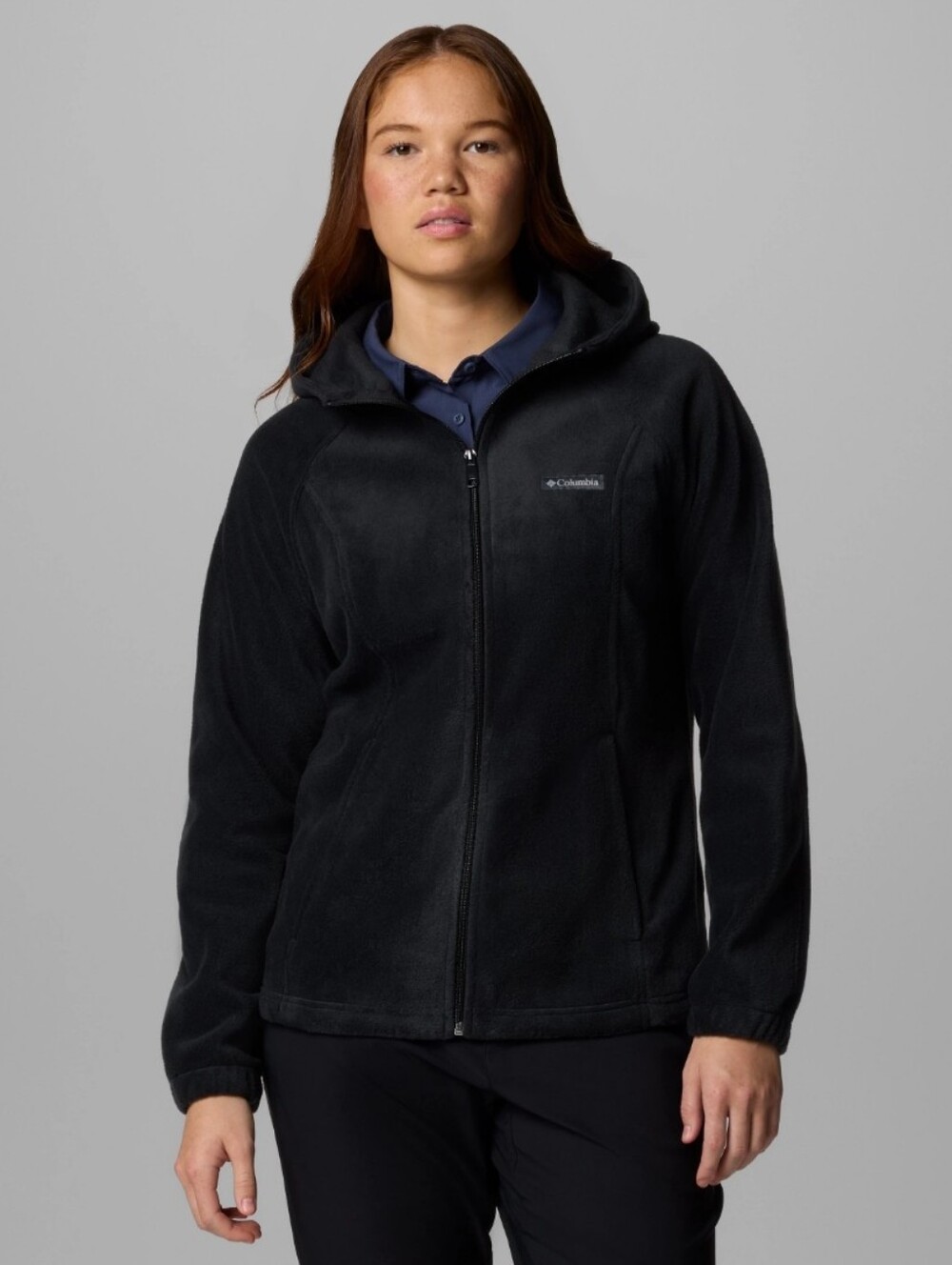 Columbia Women Black Benton Springs Full-Zip Hooded Fleece Jacket, Size Large